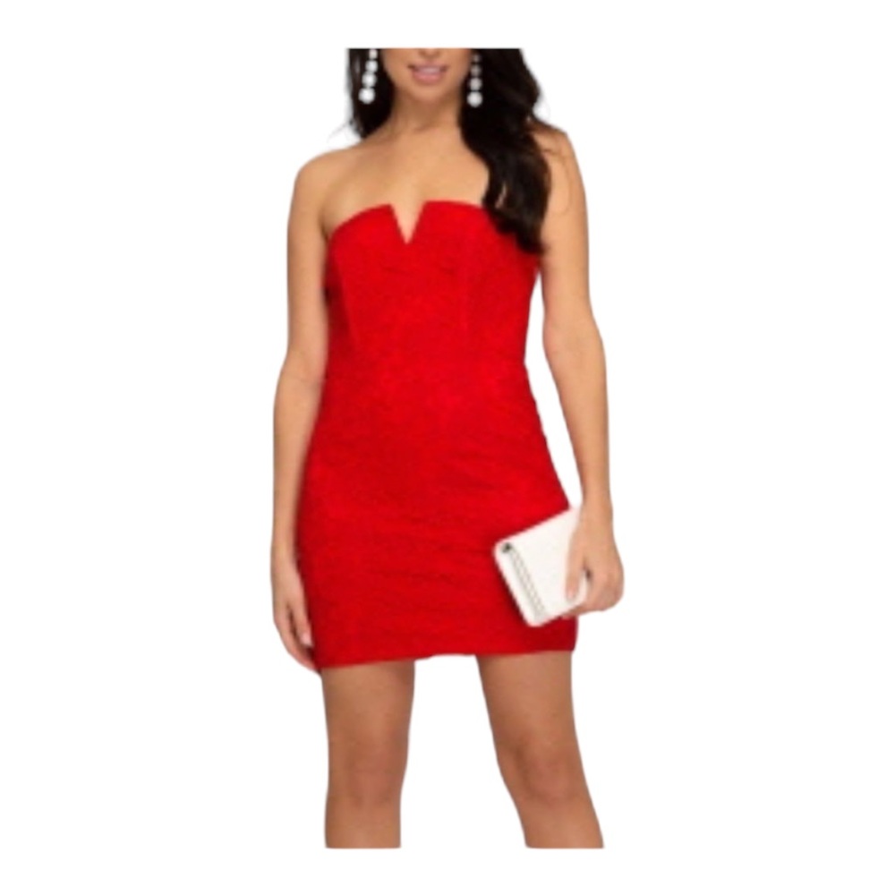 She + Sky Red Lace Dress Strapless V neck Mini Bodycon Fitted Tube Top | Size L